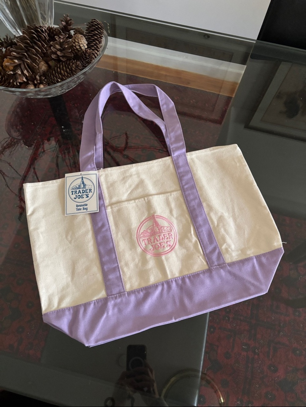 Trader Joe's Lavender & Cream large Canvas Tote Bag NWT